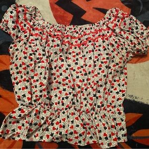 Retro Pin Up peasant blouse with Red hears and Black clubs.